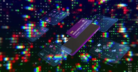 Holographic Mobile Payment Interface Projecting Credit Card and Data Dashboards in Neon