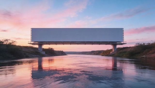 Blank billboard spanning river at sunset with pastel sky, reflections, concrete piers, catwalk