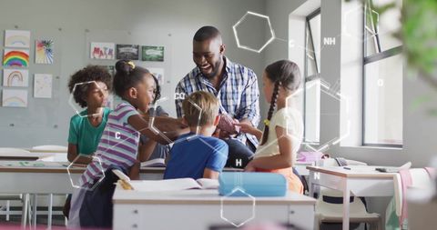 Diverse schoolchildren learning with teacher and chemical formula overlay