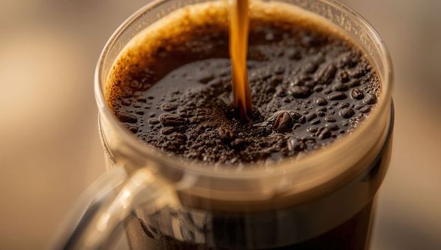 Pouring Steaming Brewed Coffee into Rustic Clear Glass Mug