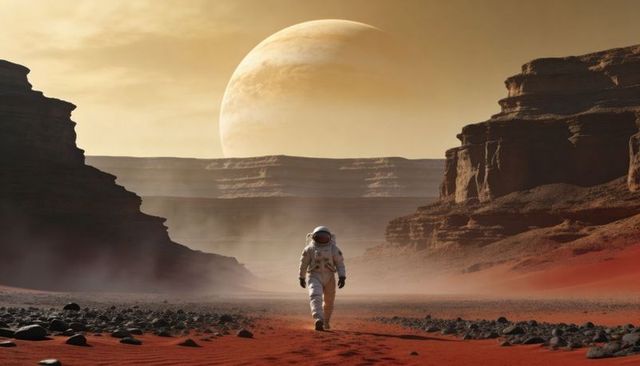 Solitary astronaut walking across red desert canyon under massive gas giant horizon