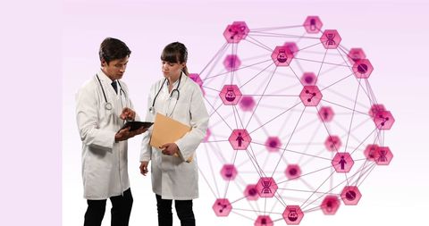 Doctors analyzing data with digital innovation background