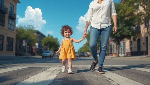 Toddler wearing yellow dress holding parent hand walking across urban crosswalk on sunny day