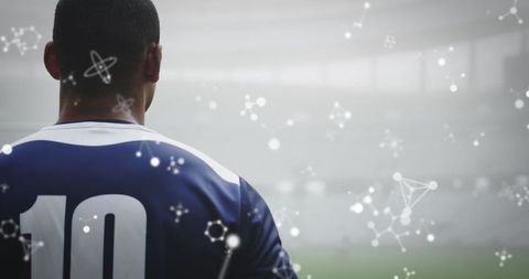 Rugby Player Amid Abstract Molecular Overlay in Stadium