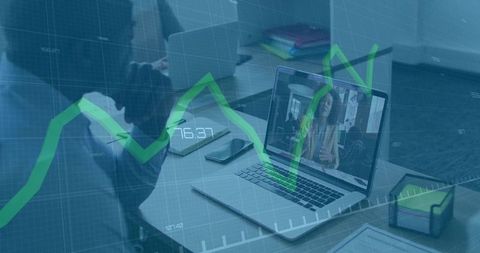Businessman hosting online meeting amid rising financial chart
