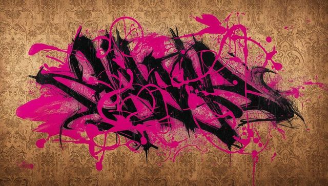 Magenta and black graffiti splash on vintage gold damask wallpaper urban abstract mural