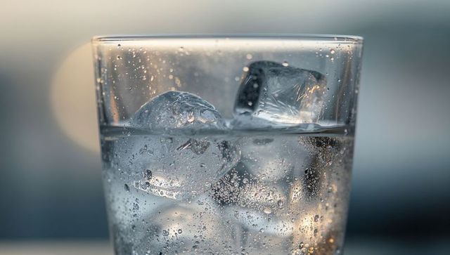 Clear glass holding ice cubes and sparkling water with condensation and reflections