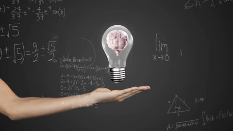 Digital Brain in Lightbulb with Mathematical Equations