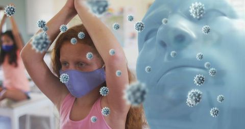 Masked schoolgirl with floating virus particles in classroom scene