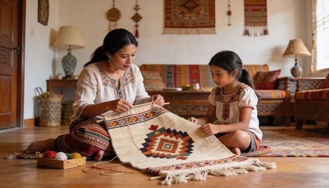 Mother and daughter weaving traditional geometric rug teaching handcraft and textile art