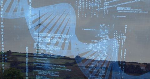 Digital DNA Helix Over Scenic Rural Landscape