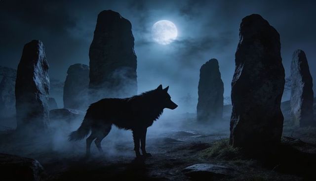 Moonlit wolf silhouette among ancient standing stones with rolling mist