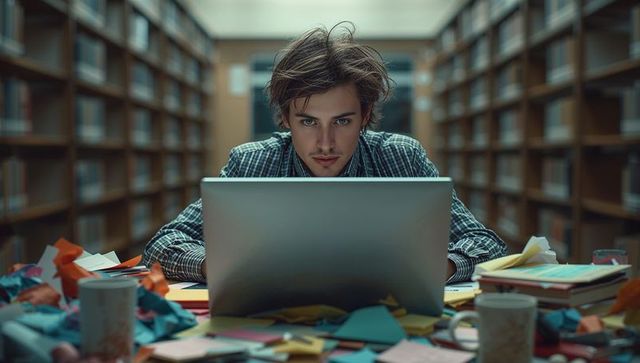 Focused student studying in busy library