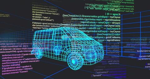 Futuristic SUV Wireframe Amidst Digital Code in Virtual Reality Space