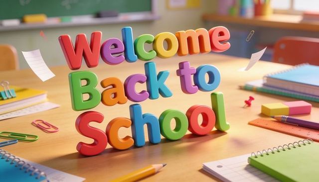 Colorful 3d welcome back to school letters on classroom desk with notebooks and stationery