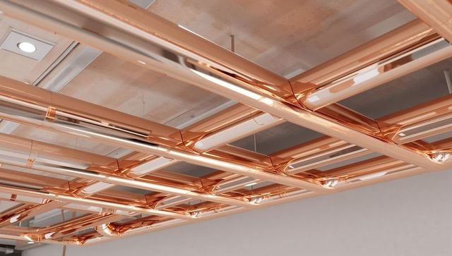 Rose-gold metallic light grid hanging from concrete ceiling with led diffusers