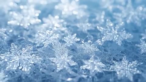 Gliding camera revealing crystalline snowflake macros with shimmering ice detail and bokeh