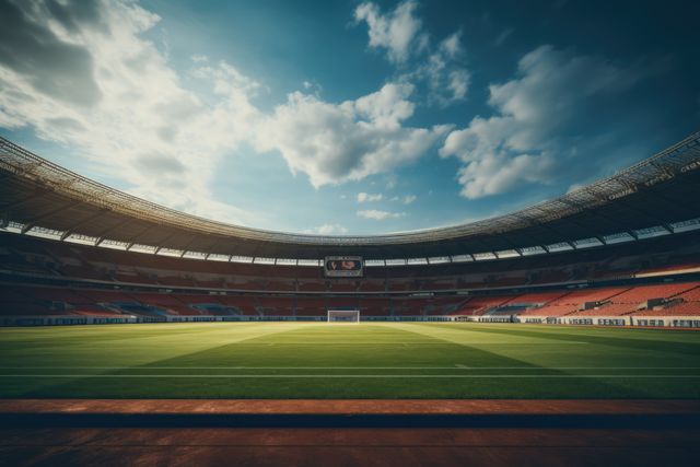 An empty soccer stadium with a pristine green field under a cloudy sky, showcasing the grandeur of the sports venue. Perfect for use in sports marketing materials, stadium advertising, event promotions, or illustrating articles related to sports infrastructure and events.
