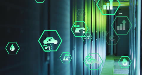 Digital Eco Icons Overlay on Data Center Servers