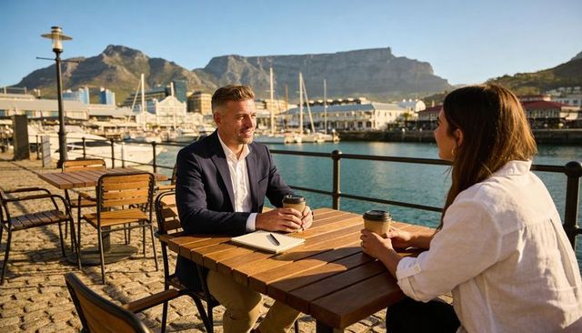 Business meeting at marina waterfront cafe with coffee and notebook