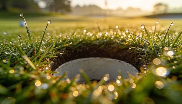 Golf cup rim glinting with dew drops on putting green at golden hour macro bokeh