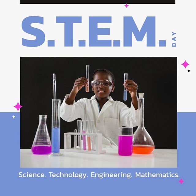 Composition of stem text over african american boy with test tubes in lab - Download Free Stock Videos Pikwizard.com