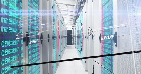 Futuristic Server Room with Digital Data Interface Overlay - Download Free Stock Images Pikwizard.com