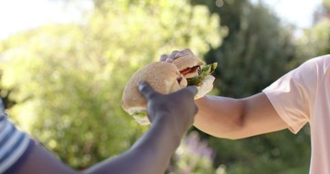 Friends Sharing Burgers in Sunlit Garden