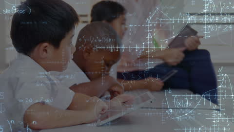 Children Studying with Floating Mathematical Equations, Education Technology Concept