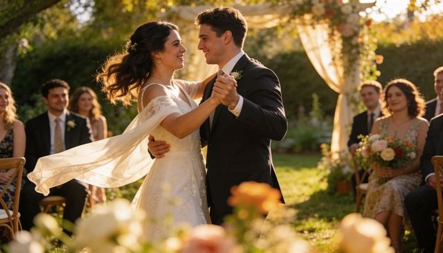 Dancing bride and groom at golden hour garden wedding beneath floral arch