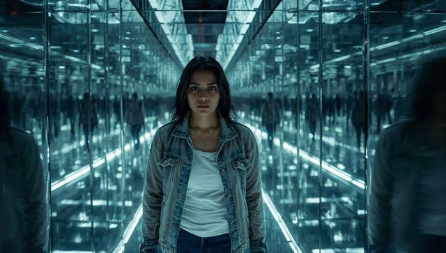 Woman standing in infinite mirror corridor with neon led reflections and futuristic mood