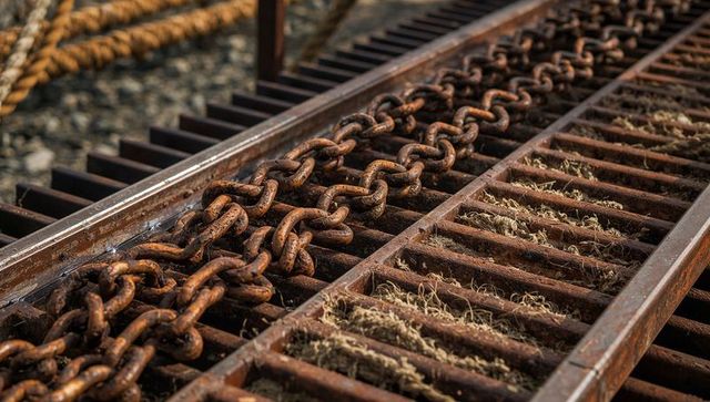 Rusted heavy chain stretching across steel grate with frayed rope and ballast texture