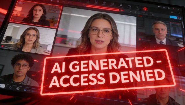 Virtual meeting showing ai-generated access denied stamp blocking remote collaboration