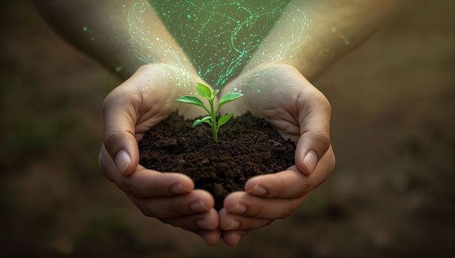 Hands holding seedling with glowing energy particles symbolizing growth and sustainability