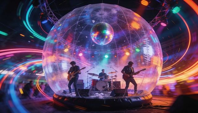 Performing rock band inside transparent inflatable bubble with disco ball and neon lights
