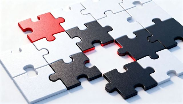 Connecting black and white jigsaw pieces with red missing center, teamwork concept
