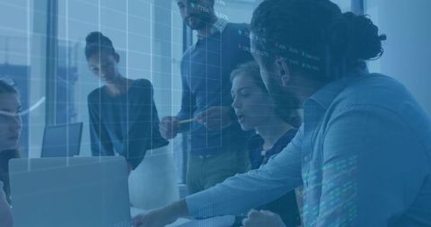 Corporate team analyzing financial data with technology integration