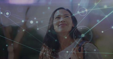 Optimistic young woman with digital network illustrations