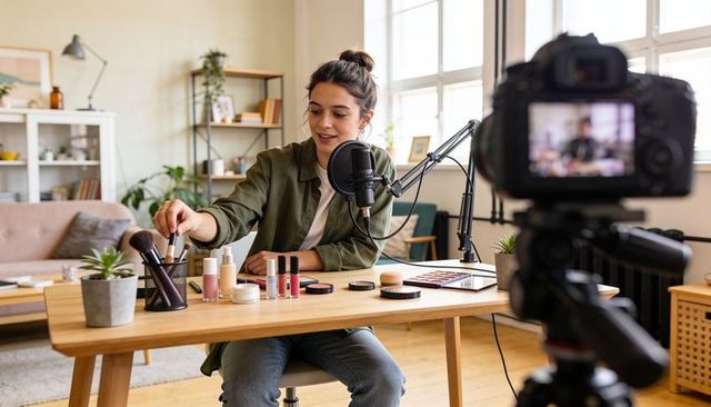 Female beauty vlogger recording makeup tutorial in cozy home studio with dslr microphone