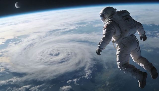 Astronaut floating above Earth with swirling cyclone below and distant moon in orbit