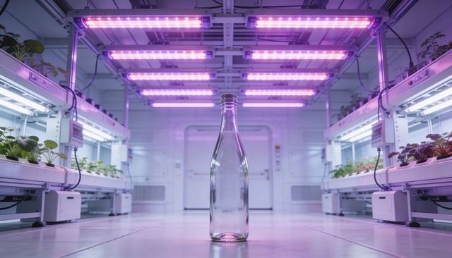 Clear glass bottle reflecting purple led lights in vertical farm research lab aisle