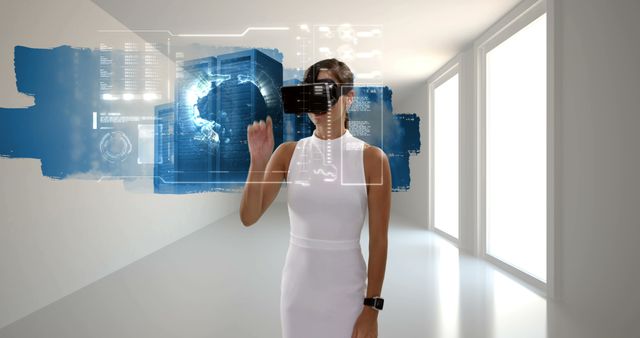 Businesswoman wearing VR headset interacts with digital interface in bright, modern office. Great for illustrating advanced technology, innovation in business environments, digital transformation, augmented reality applications, and modern workplace dynamics.
