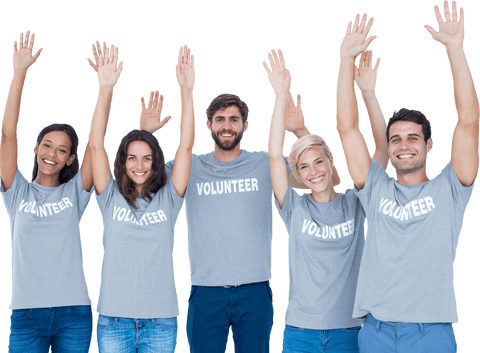 Diverse Volunteers Smiling and Raising Hands on Transparent Background
