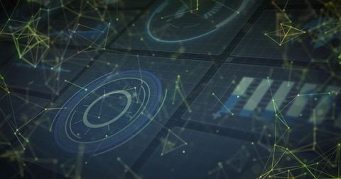 Futuristic Digital Interface with Blue Holographic Charts on Grid