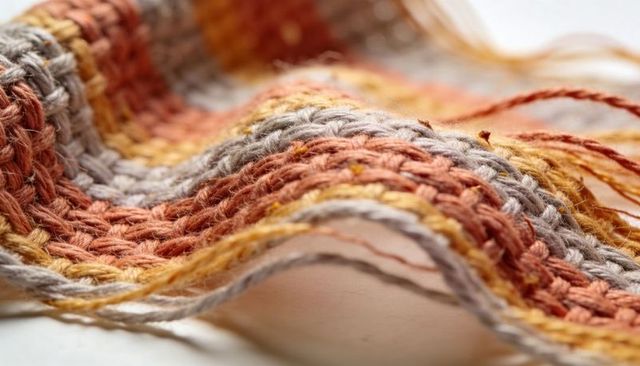 Hand-knitted ribbed textile showing earth tone waves, macro knitwear texture