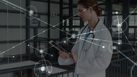 Female Doctor Using Tablet with Futuristic Network Overlay