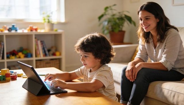 Young child learning on tablet with folio keyboard while parent watching in cozy living room