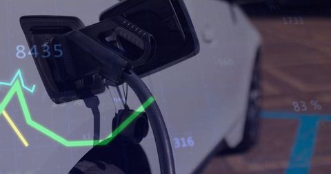 Charging Electric Car Overlayed with Financial Data Graphics