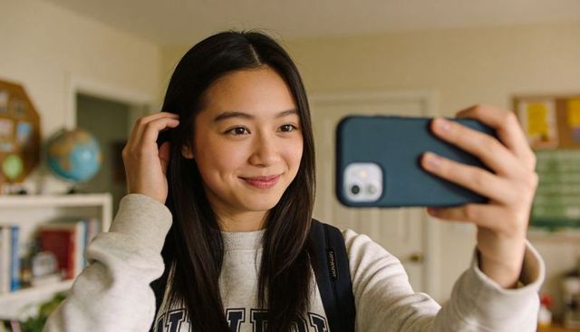 College student taking selfie in dorm room holding smartphone and backpack
