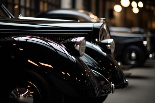 Close-up of a row of vintage luxury cars, emphasizing their polished exteriors and sleek headlight details in a dimly lit garage. Perfect for use in automotive blogs, vintage car advertisements, or classic car enthusiast websites.